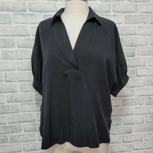 Lalu Womens‎ S Oversized Batwing Short Sleeve Collared Button Down Back Top